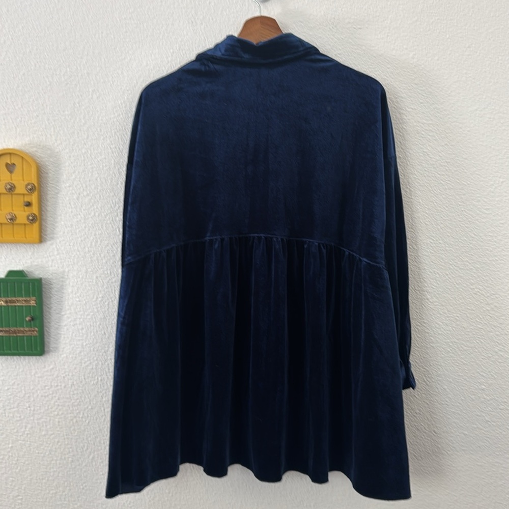 3 Potato Velvet Button Up Tunic Top Blouse Sapphire Blue NWT Large/Extra Large - Picture 9 of 11